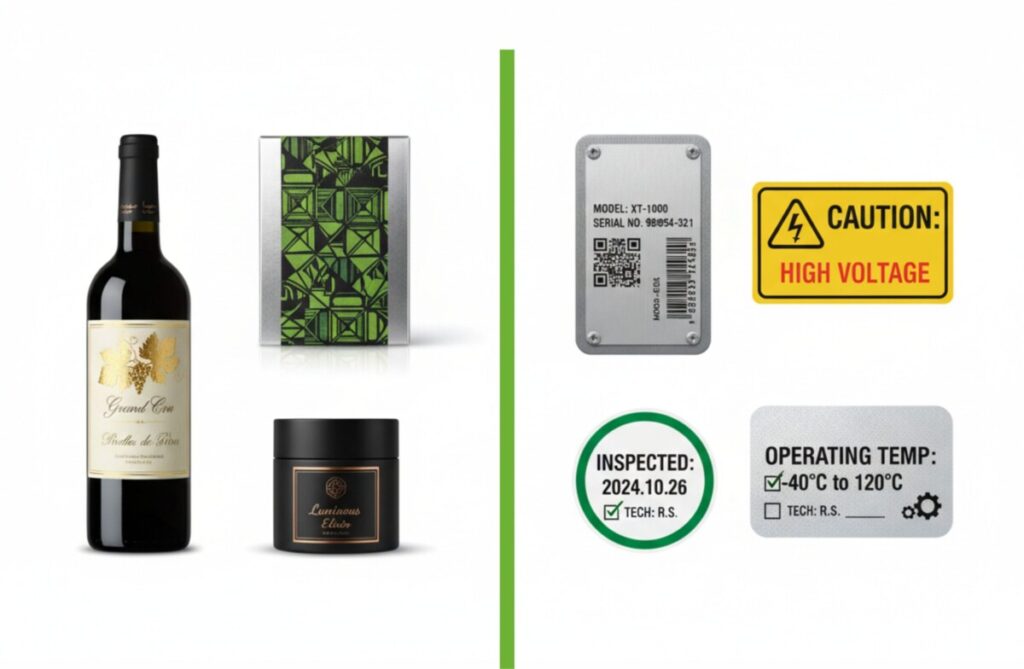 Etiketten und Aufkleber Wien – Premium-Produktetiketten mit Goldprägung und industrielle Typenschilder mit Barcodes von druck.wien