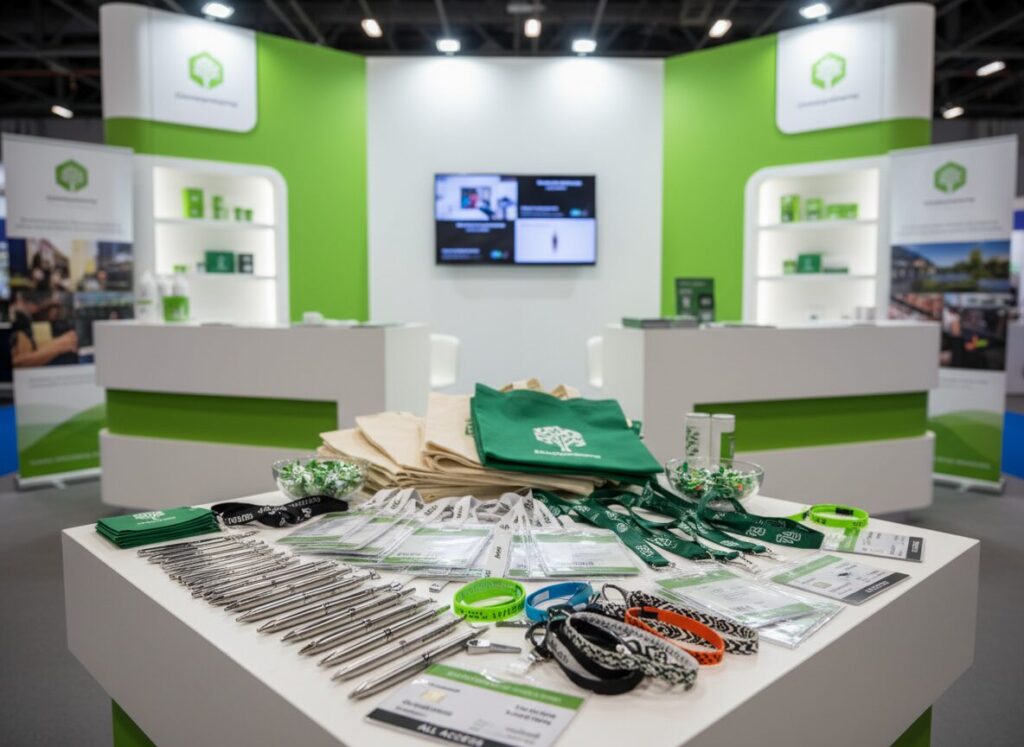 Professioneller Messestand von druck.wien mit Werbeartikeln - Stofftaschen, Kugelschreiber, Lanyards und Give-aways in Grün und Weiß